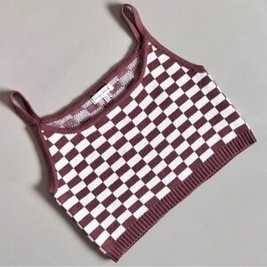 HAZEL MOON Fuzzy Soft Knitted Cami Checkerboard Print Cropped Sweater Tank Top